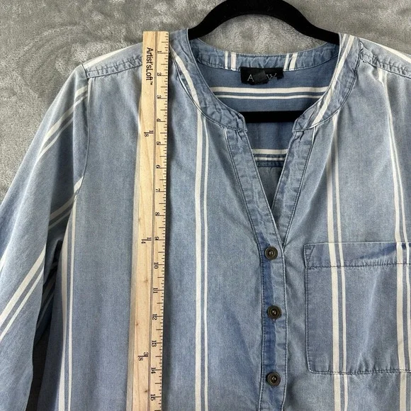 AUW Shirt Dress Women's 10 Blue Striped Chambray Tie Waist Hi Lo Hem - Picture 5 of 10